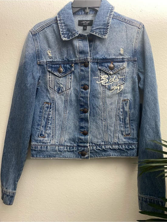 Ed Hardy Jackets & Blazers - Ed Hardy Blue Denim Jacket with Yellow Tiger and Red Roses